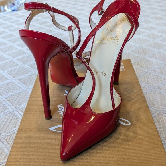 Christian Louboutin Red Patent Leather T-Strap Heels Size 37